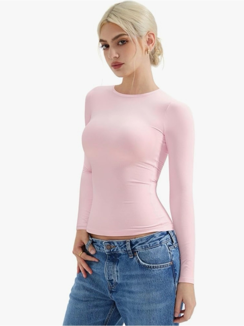 Women’s Pink Long-Sleeve Crew Neck Top - spandex and polyester